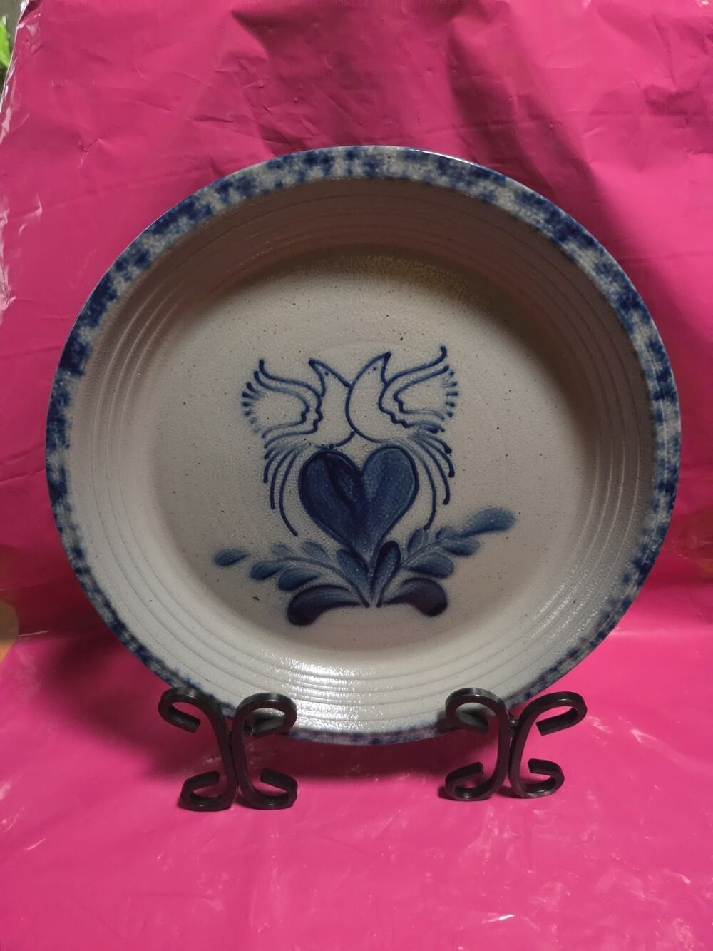 Eldreth Pottery Salt Glazed Cobalt Blue Heart Leaves Pottery Plate